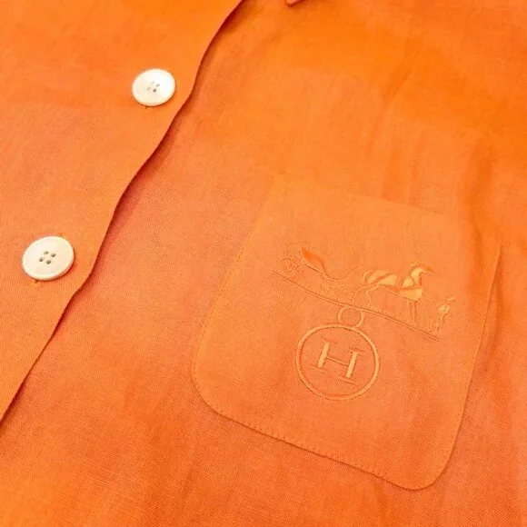 HERMES Vintage H Logo Horse Carriage Embroidery Shirt #36 Orange Button [106322] - Picture 10 of 12